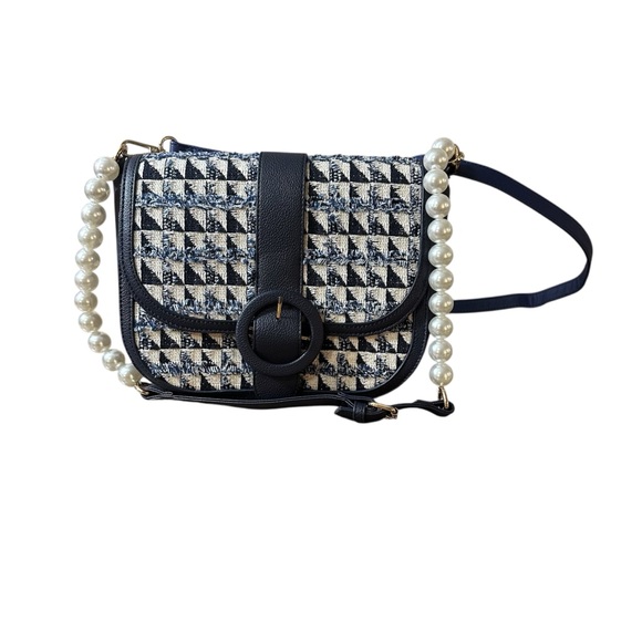 Cato Handbags - Cato Blue Faux Tweed Purse With Blue And Pearl Straps